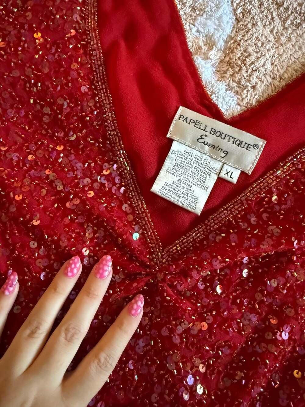 Papell Boutique Evening Red 100% Silk Sequin Beaded Blouse Top XL - Picture 4 of 13